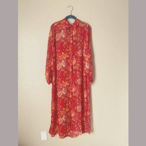 Gauze Red Floral Long Button Up Shirt